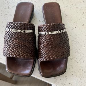 Brighton Shoes Brighton Saddle Brown Woven Leather Sandals with Silver Hardware